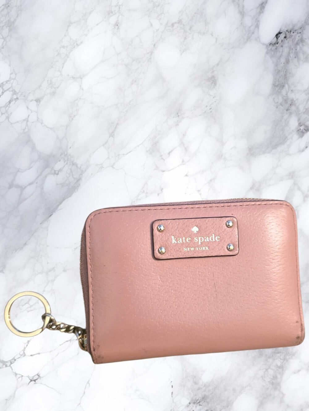 Kate Spade Mauve Pink Leather Zip Around Compact Wallet Keyholder LeatherGold